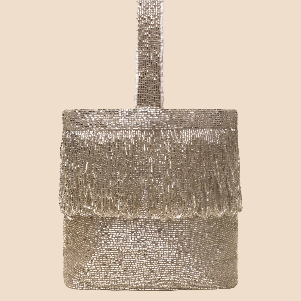 RIXO Zenni Beaded Bucket Bag Silver